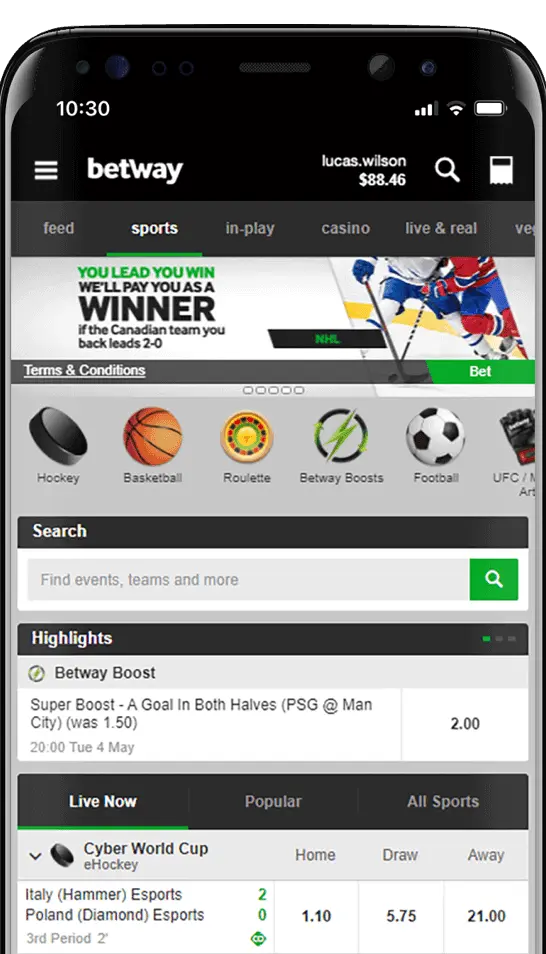 aplicación móvil Betway
